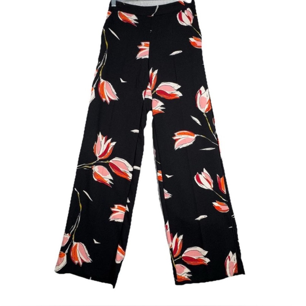 Zara Pants Womens XS Black Pink Floral Tulips Wide Leg Cottagecore Bohemian